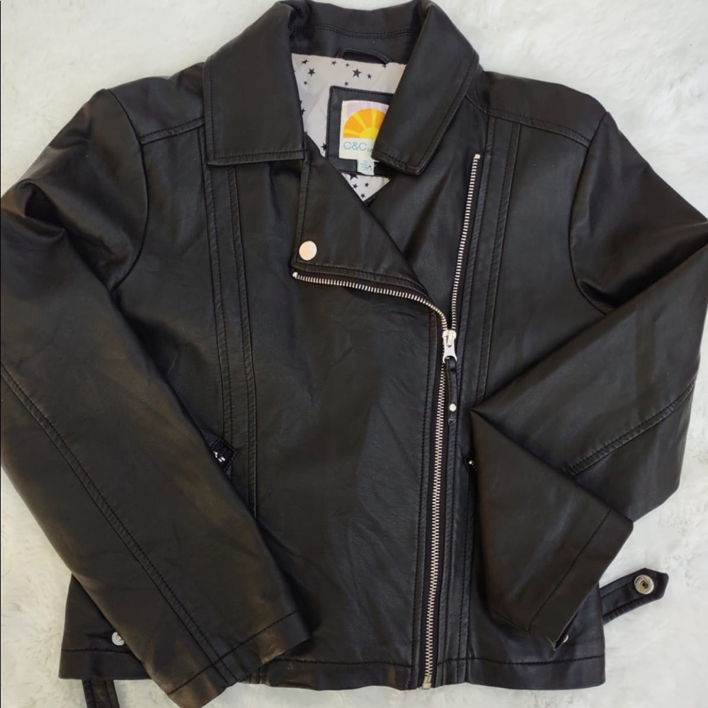 C&C california girl's faux leather moto jacket size 12 Dark